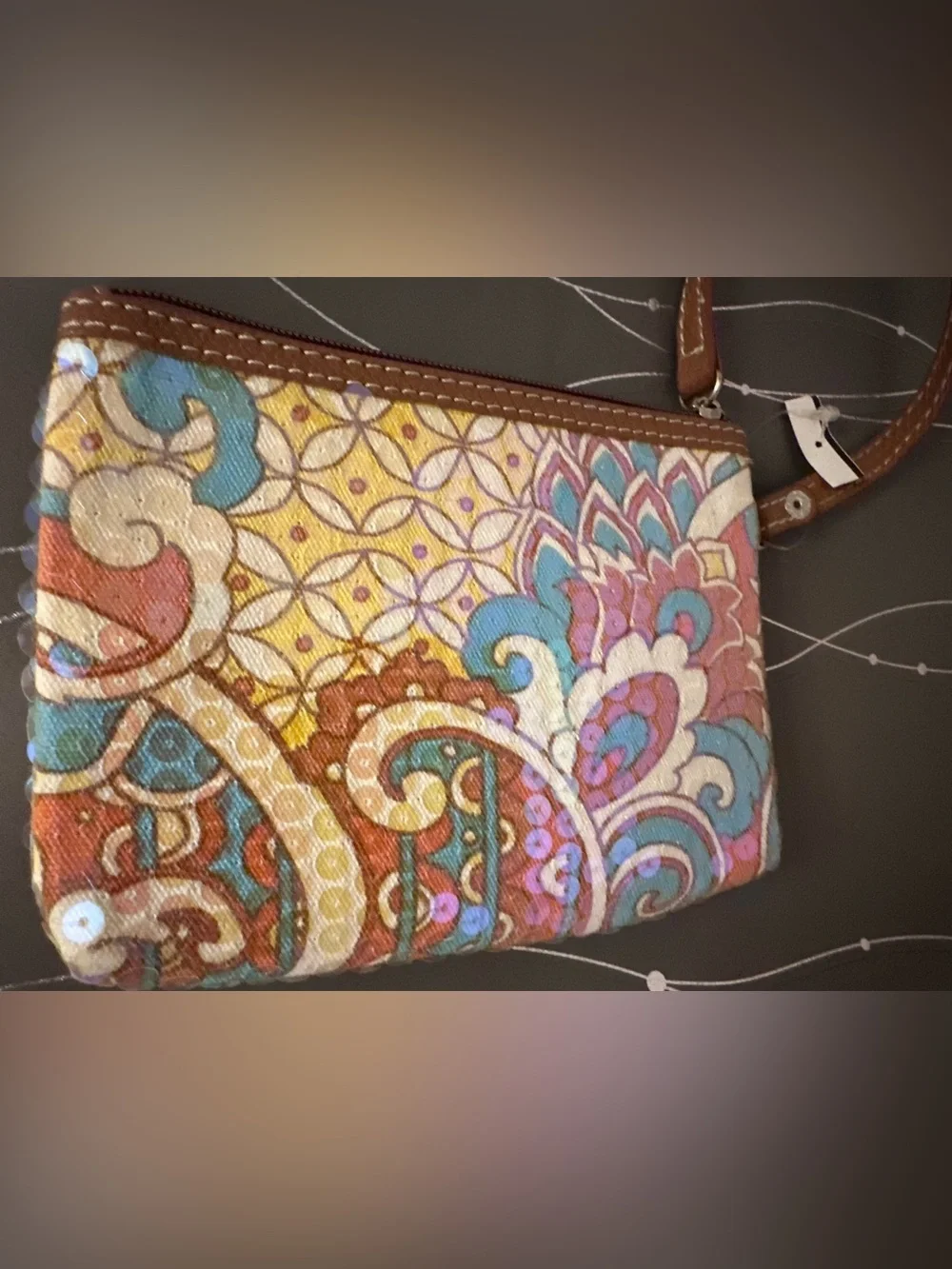 Nine West Brown Leather-Trim Wristlet Multicolor with Iridescent Sequins